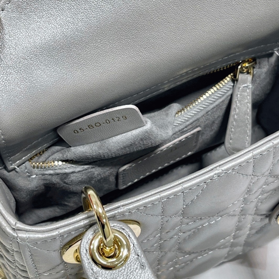 Dior Lady Dior Mini Chain Bag Replica in Grey Pearlescent Lambskin