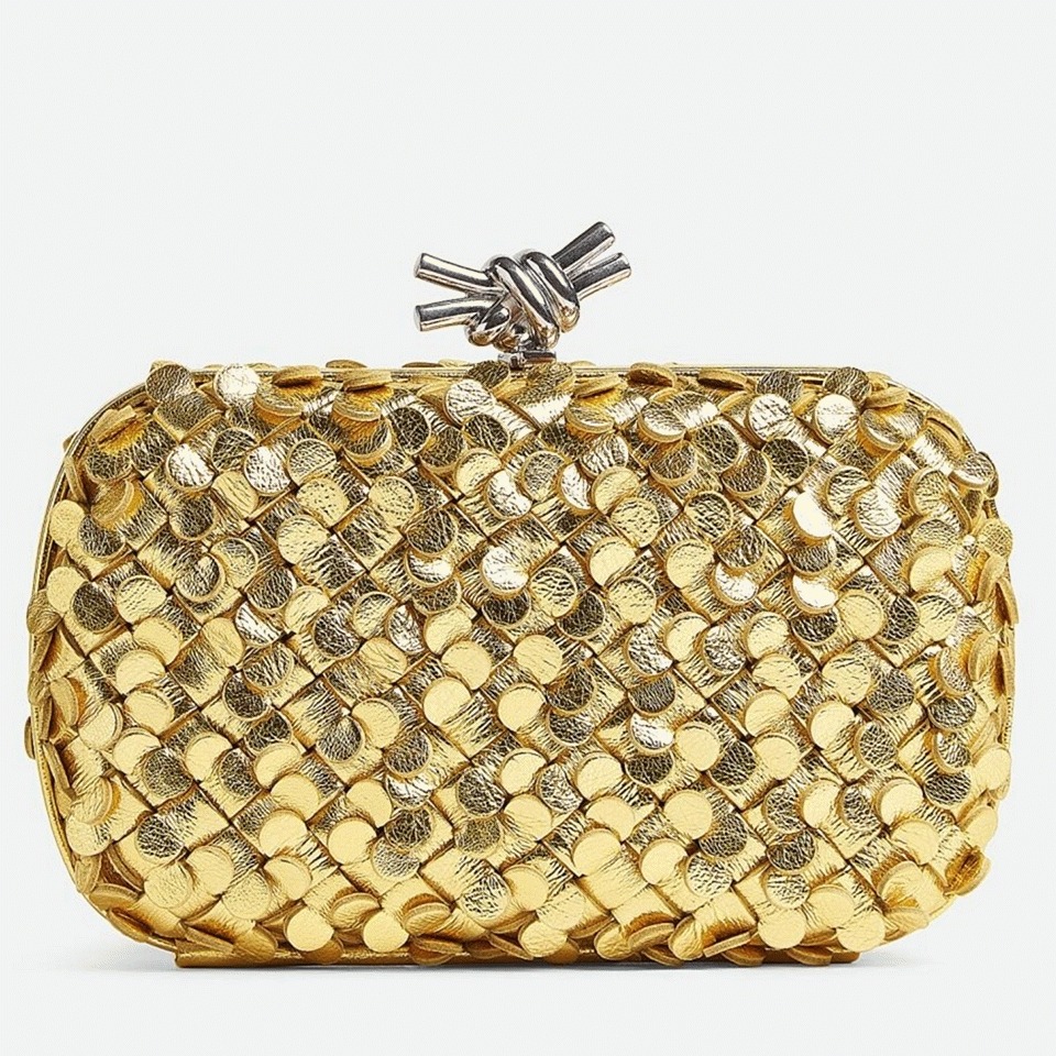Fake Bottega Veneta Knot Minaudiere Clutch Gold Sequins