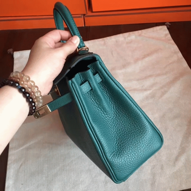 Malachite Clemence Replica Hermes Kelly 25cm Retourne Tote
