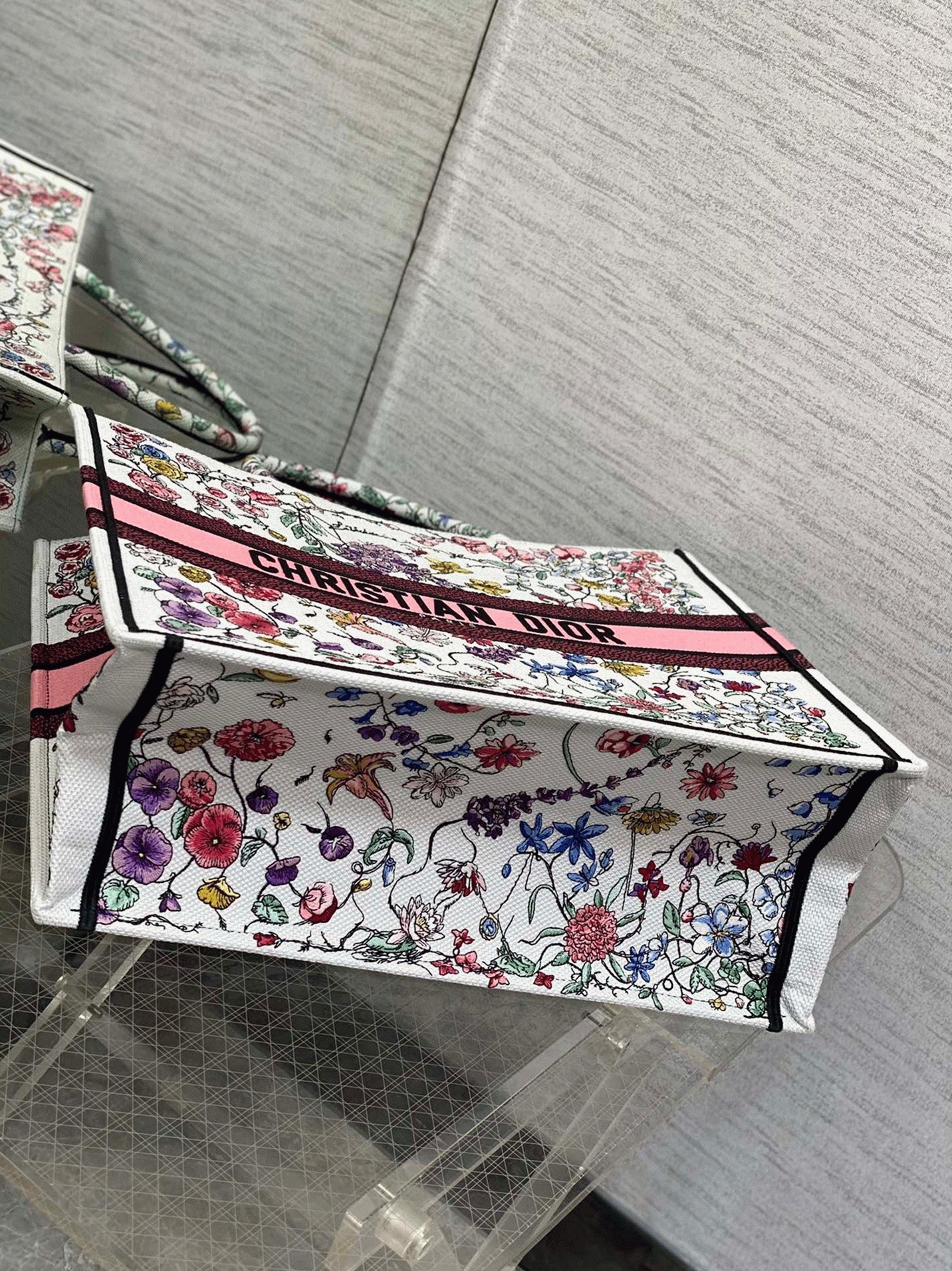 Dior Large Book Tote Bag Replica in White Multicolor Florilegio Embroidery