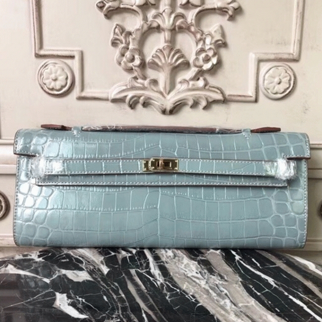 Blue Lin Crocodile Copy Hermes Kelly Cut Clutch Elegant Purse