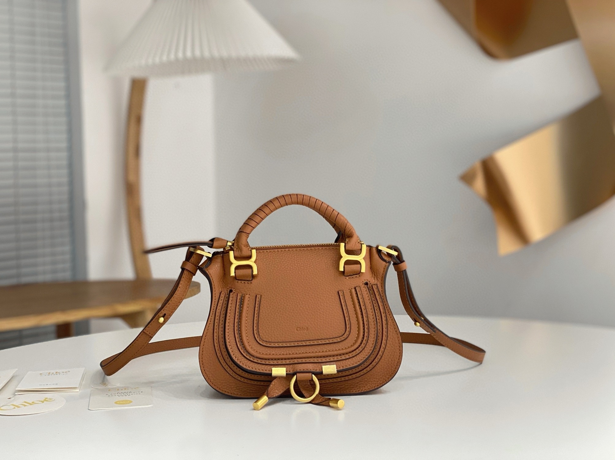 Top Quality Replica Chloe Marcie Mini Double Carry Bag in Brown Grained Leather