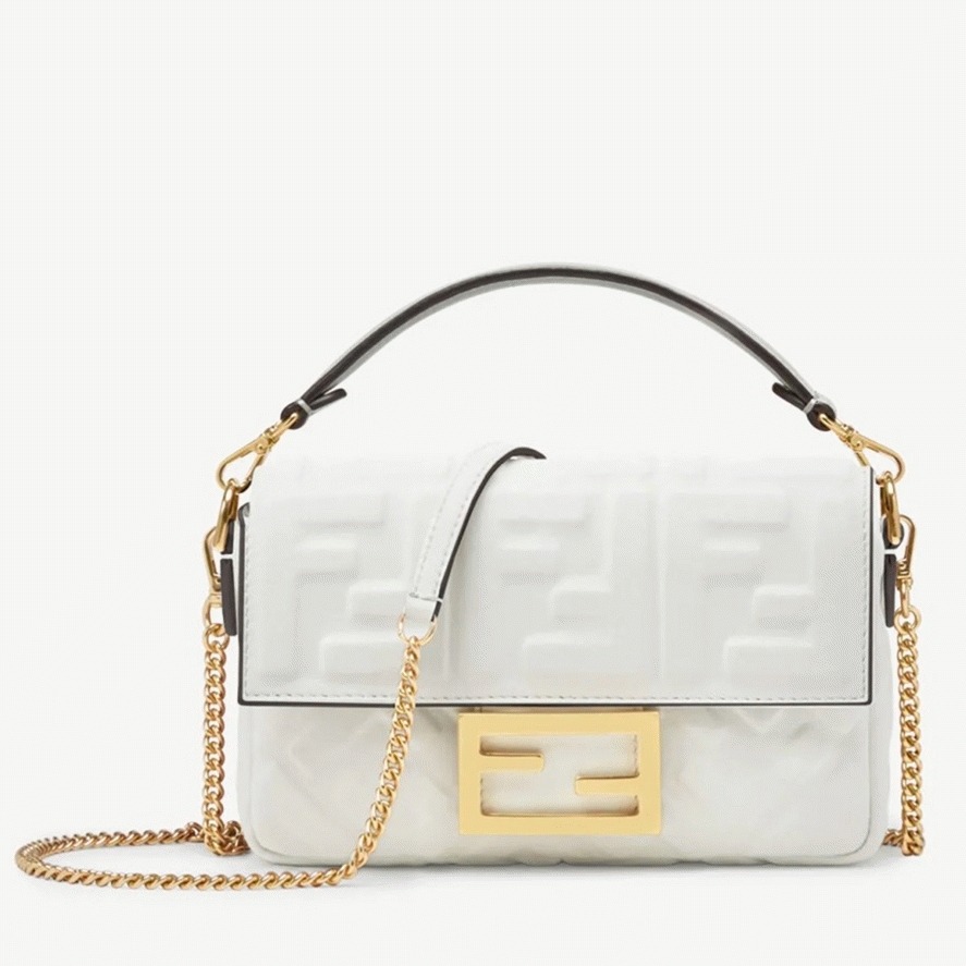 White FF Logo Fendi Medium Baguette Replica Bag