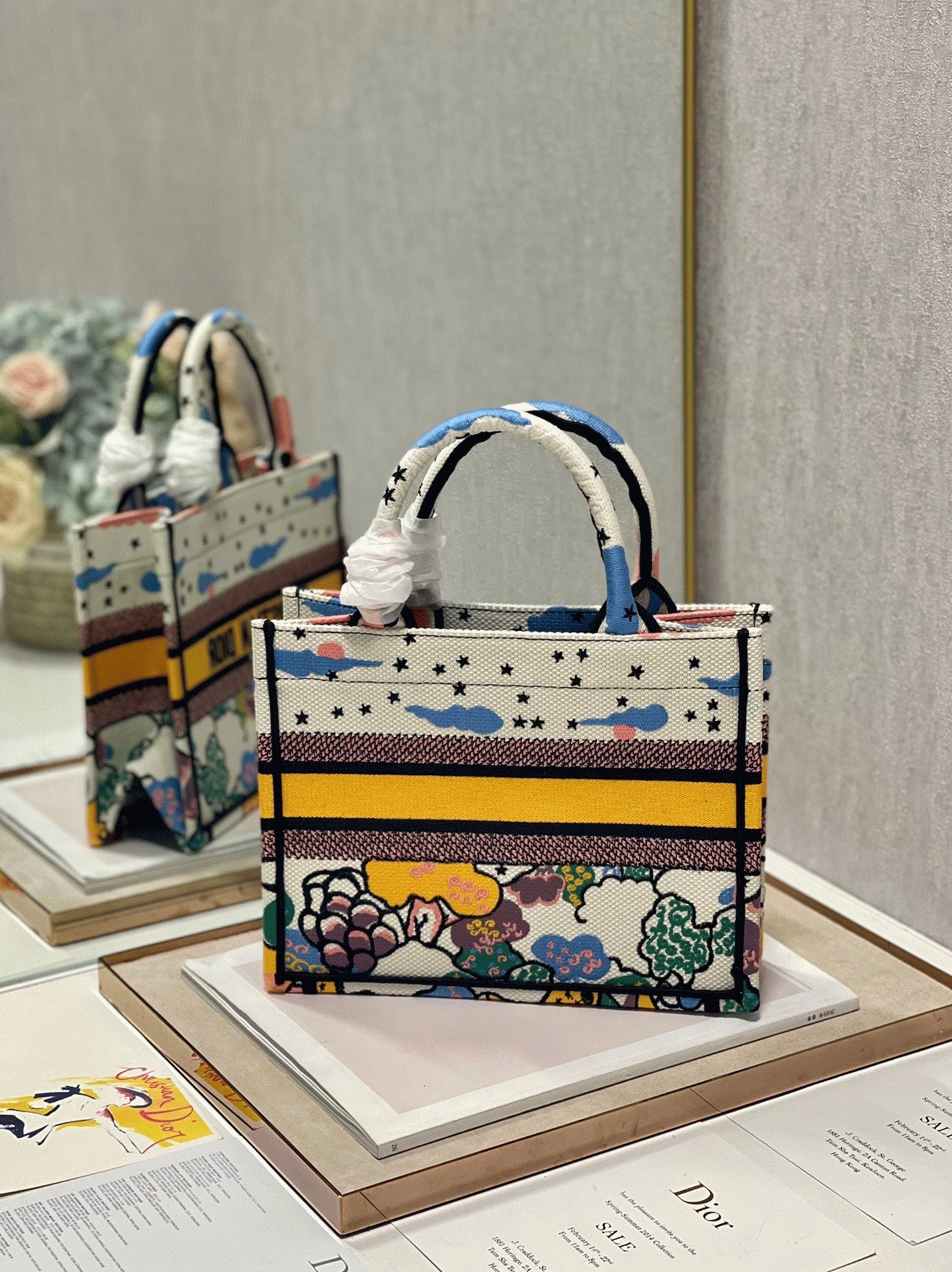 Dior Large Book Tote Bag Faux in White Pixel Zodiac Embroidery