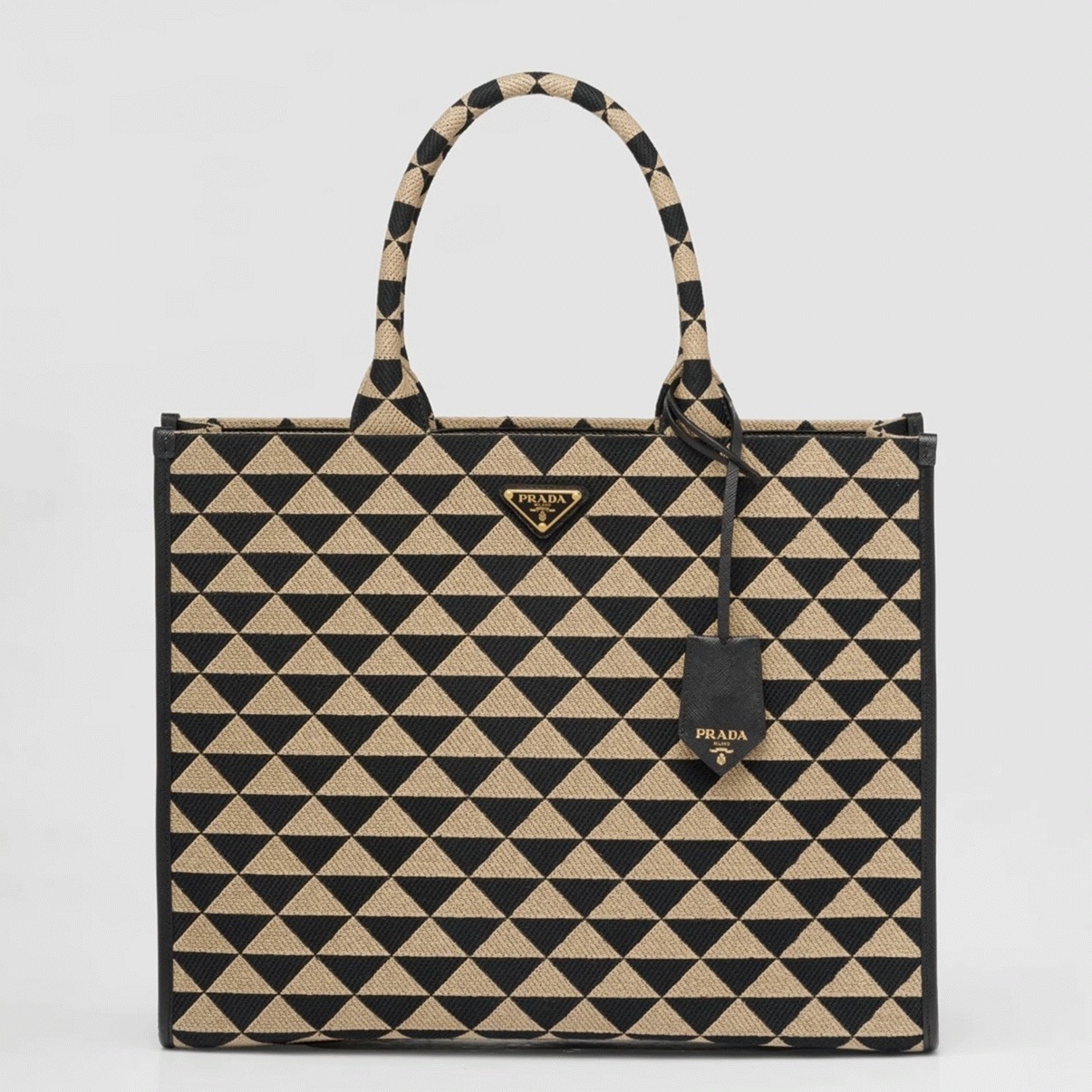 Prada Symbole Large Bag Knockoff in Black/Beige Jacquard Fabric