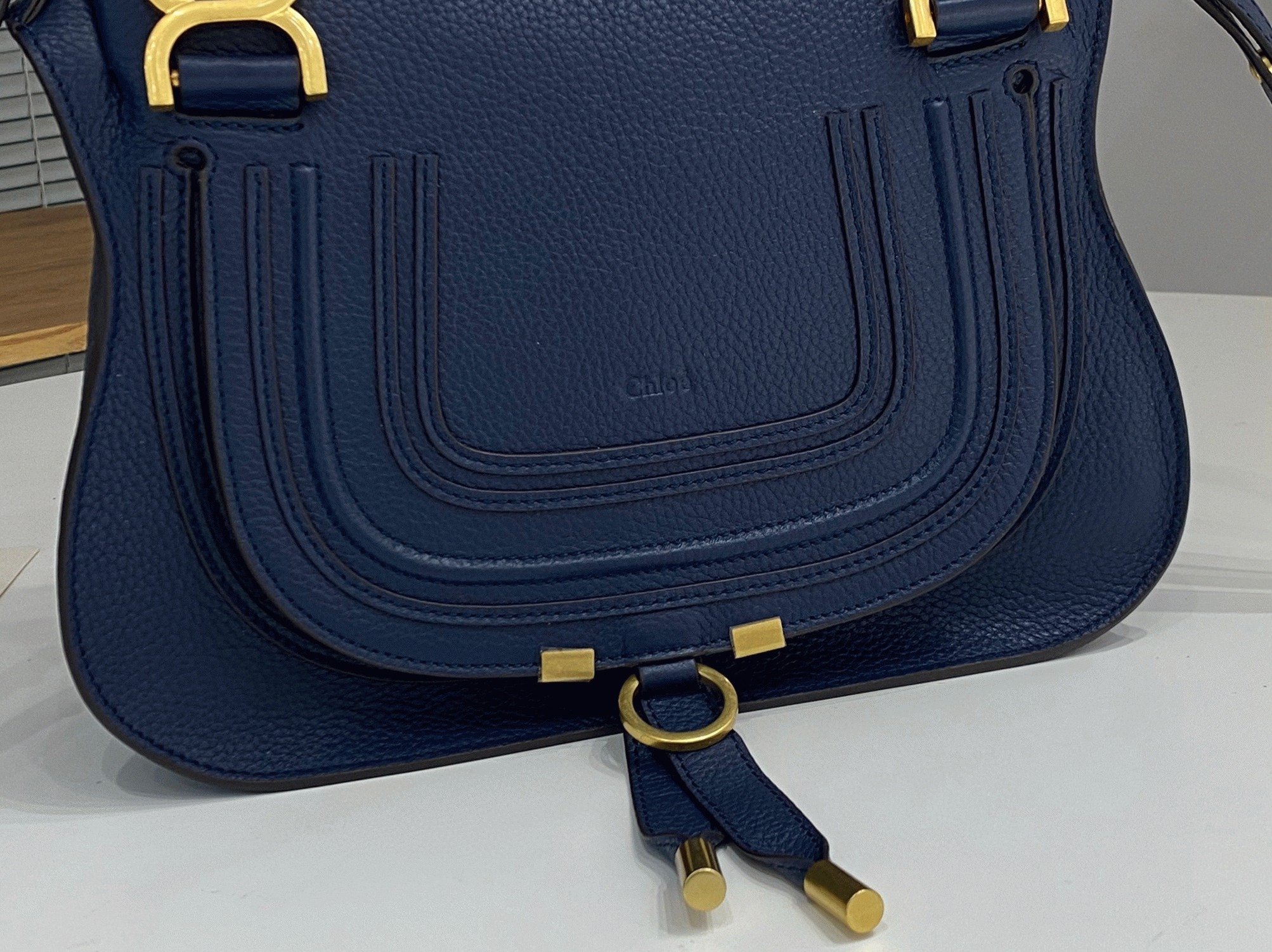 Top Quality Fake Chloe Marcie Small Double Carry Bag in Blue Grained Leather
