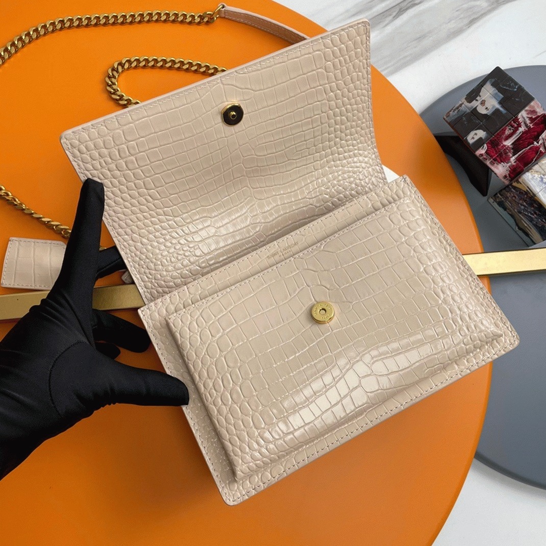 Fake Saint Laurent Sunset Medium Chain Bag Beige Crocodile-embossed Leather