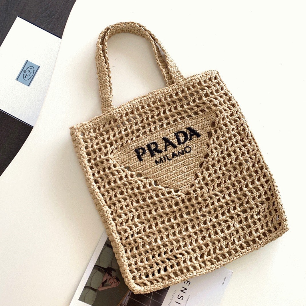 Prada Small Tote Bag Fake in Beige Woven Raffia
