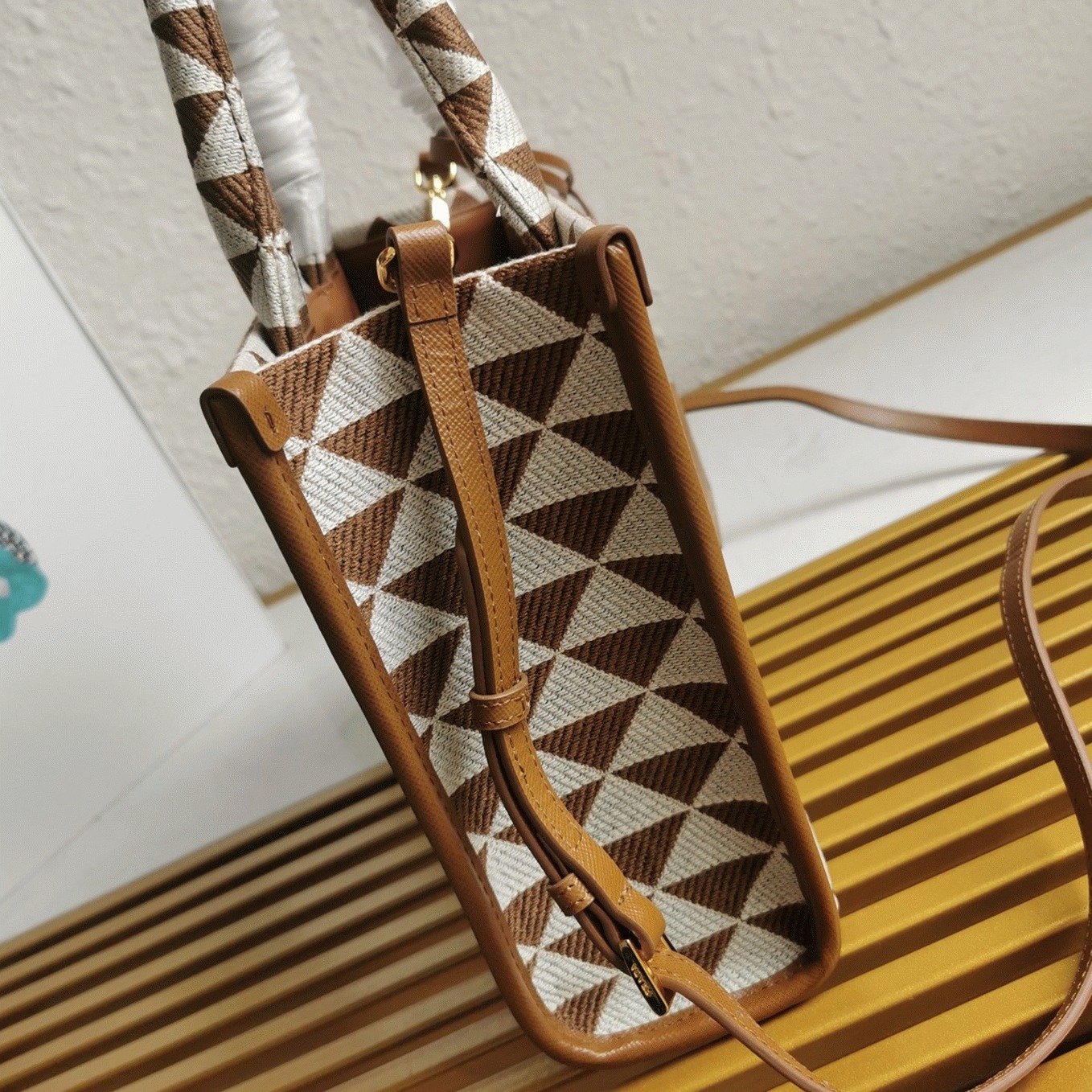 Prada Symbole Large Bag Replica in White/Brown Jacquard Fabric