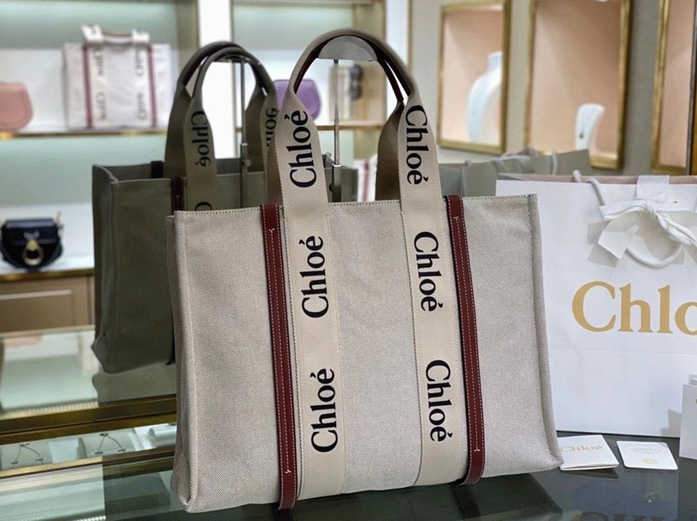 Top Quality Imitation Chloe Large Woody Tote Bag in Canvas with Brown Leather Strips