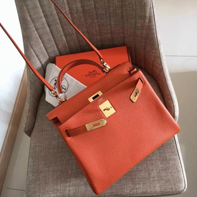 Orange Clemence Fake Hermes Kelly Retourne 28cm Signature Purse