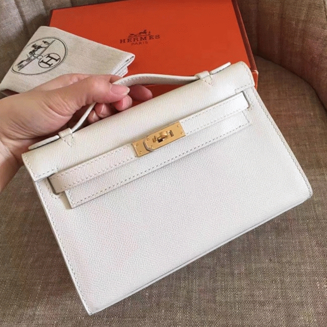 White Epsom Fake Hermes Kelly Pochette Clean Look Mini Bag