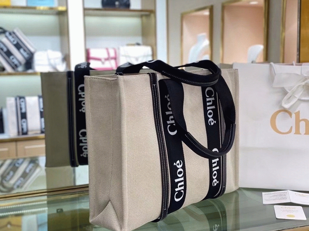 Top Quality Knockoff Chloe Medium Woody Tote Bag in Canvas with Black Leather Strips