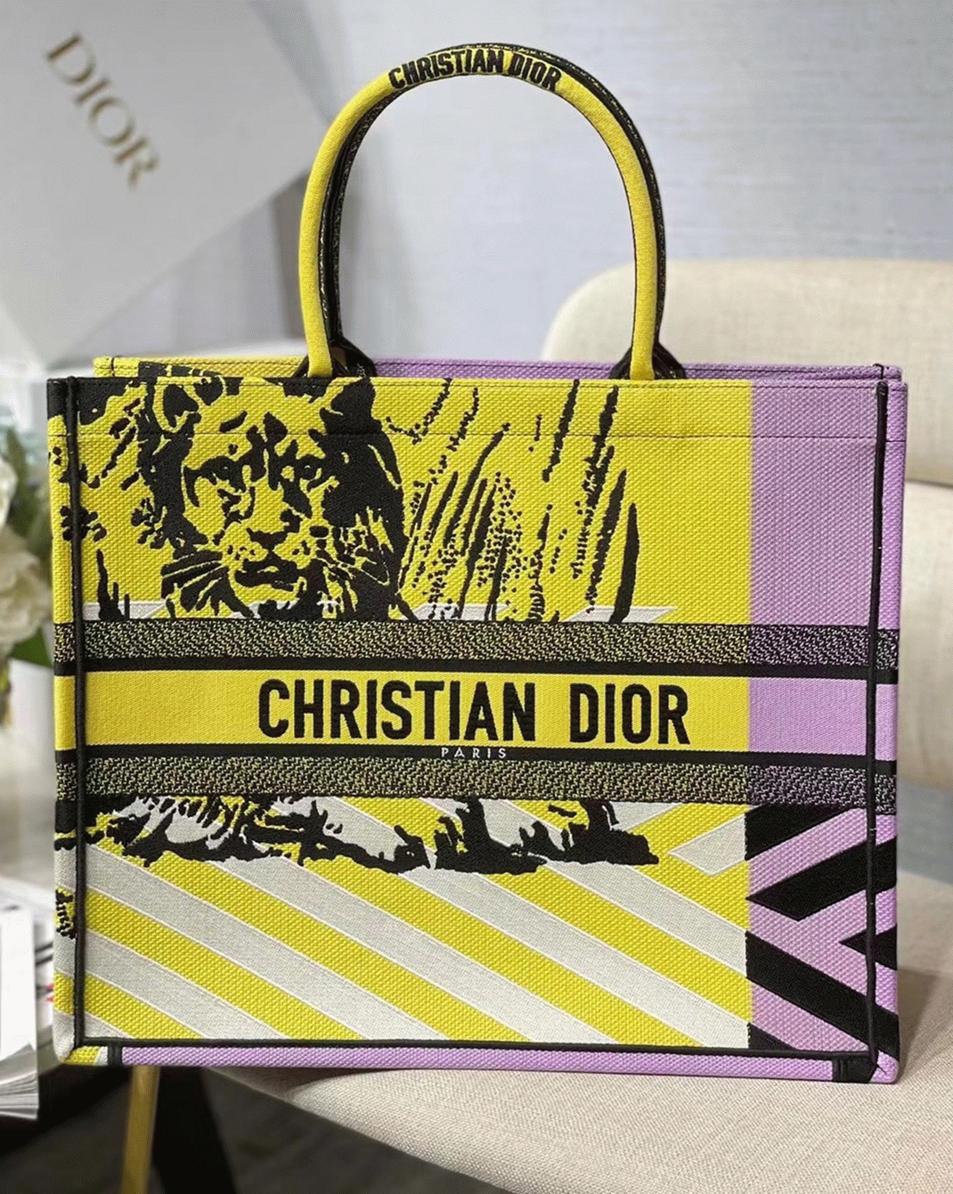Dior Large Book Tote Bag Faux in Yellow D-Jungle Pop Embroidery