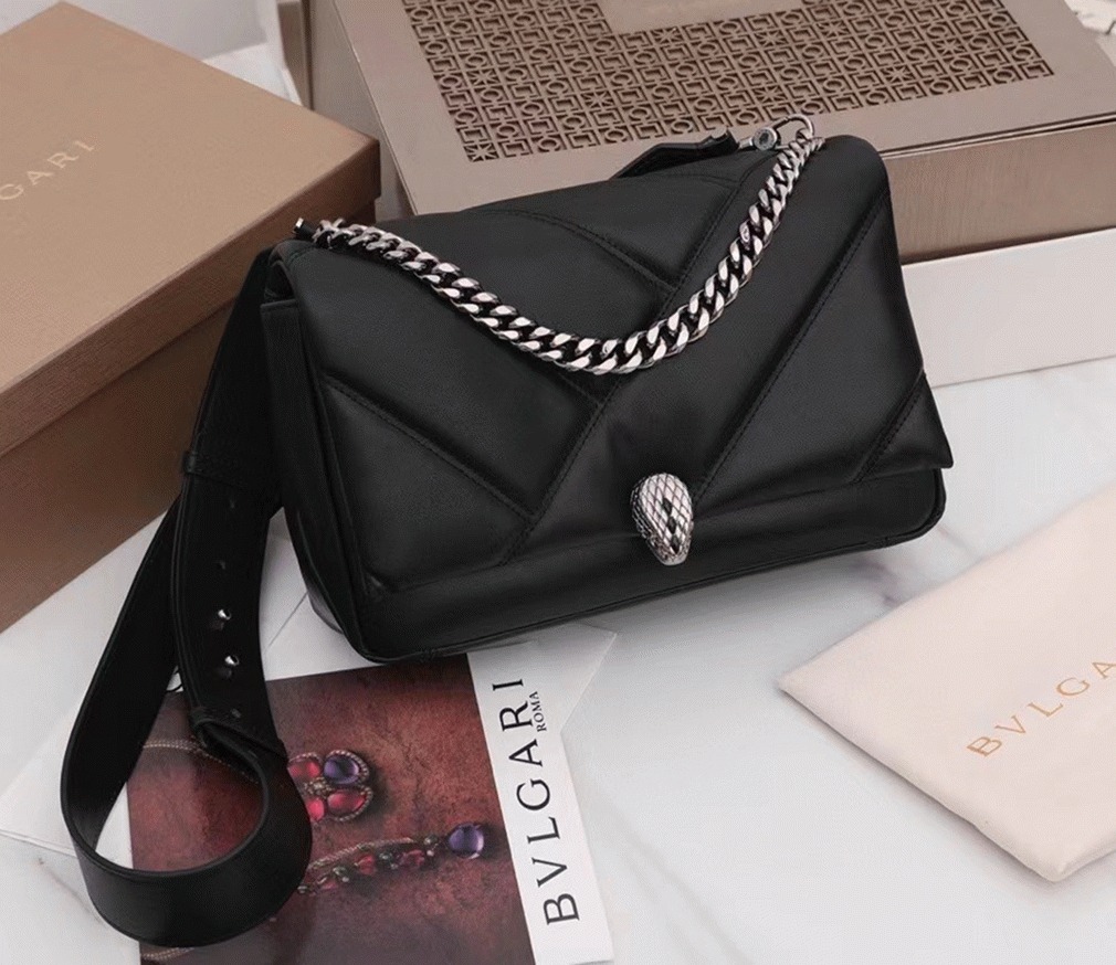 Knockoff Bvlgari Serpenti Cabochon Medium Bag Black Calfskin