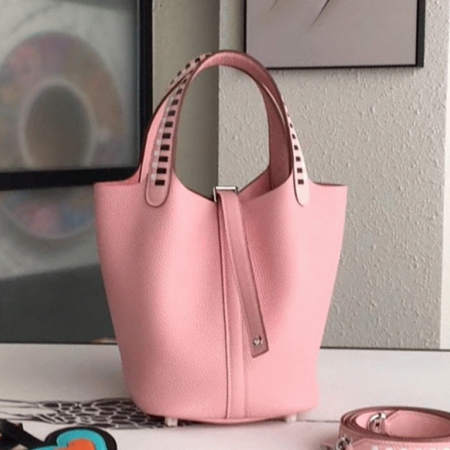 Pink Hermes Picotin Lock 18cm handbag with braided handles replica