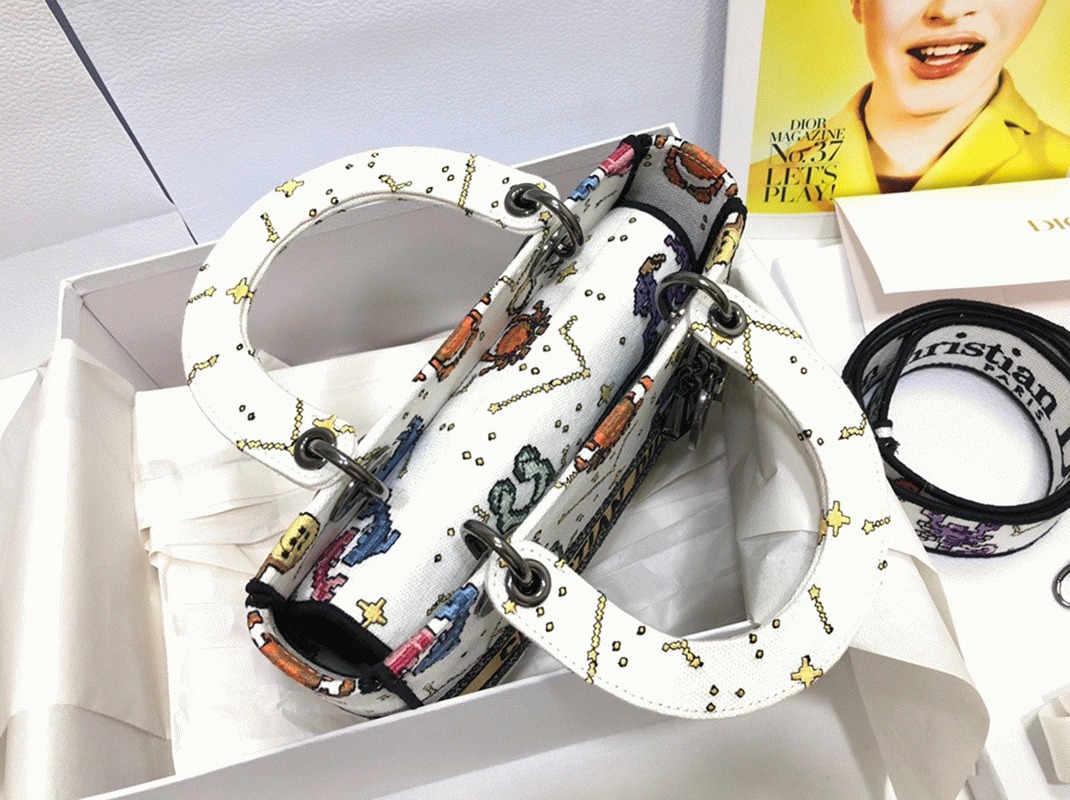 Dior Lady D-Lite Medium Bag Fake in White Pixel Zodiac Embroidery