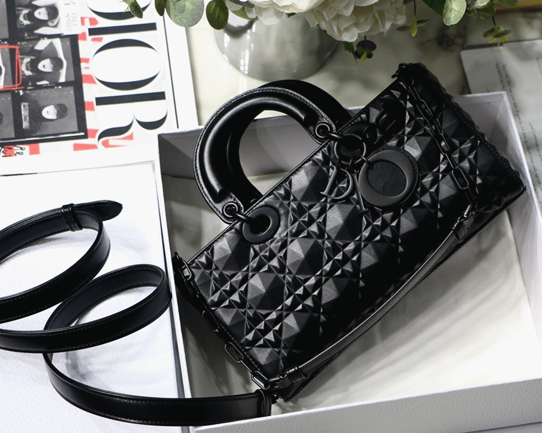 Dior Lady D-Joy Medium Bag Replica in Black Calfskin with Diamond Motif