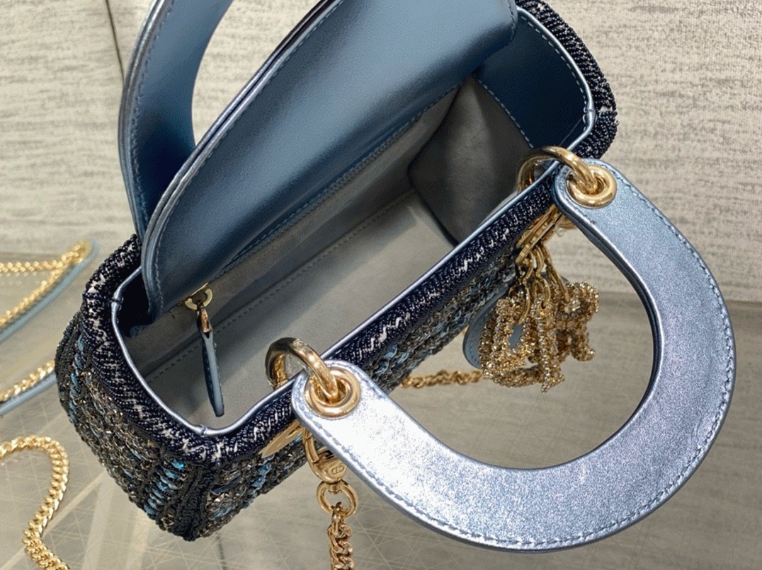 Dior Lady Dior Mini Chain Bag Replica in Satin with Blue Bead Embroidery