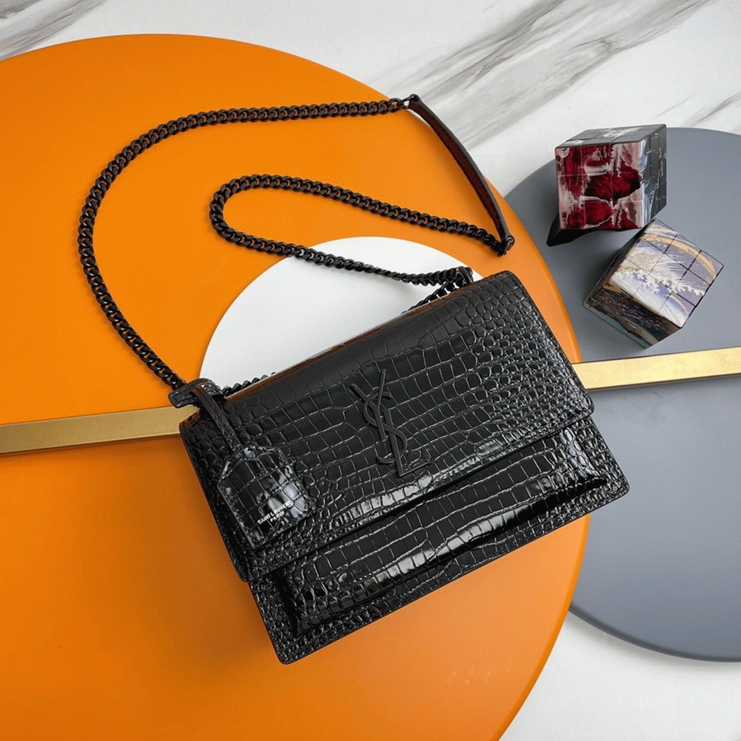 Fake Saint Laurent Sunset Medium All Black Chain Bag Crocodile-embossed Leather
