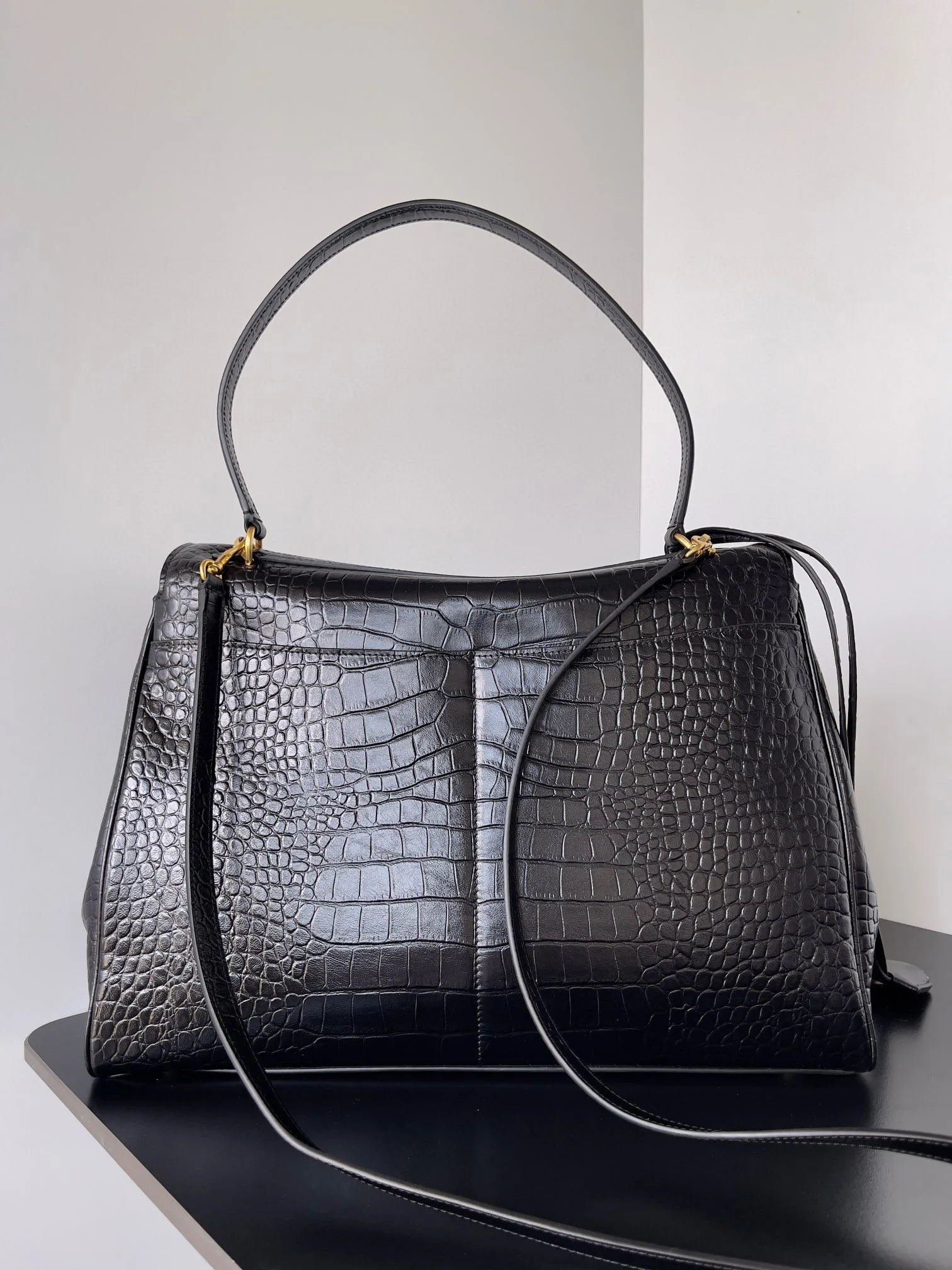Knockoff Balenciaga Rodeo Large Bag Black Crocodile Embossed Calfskin
