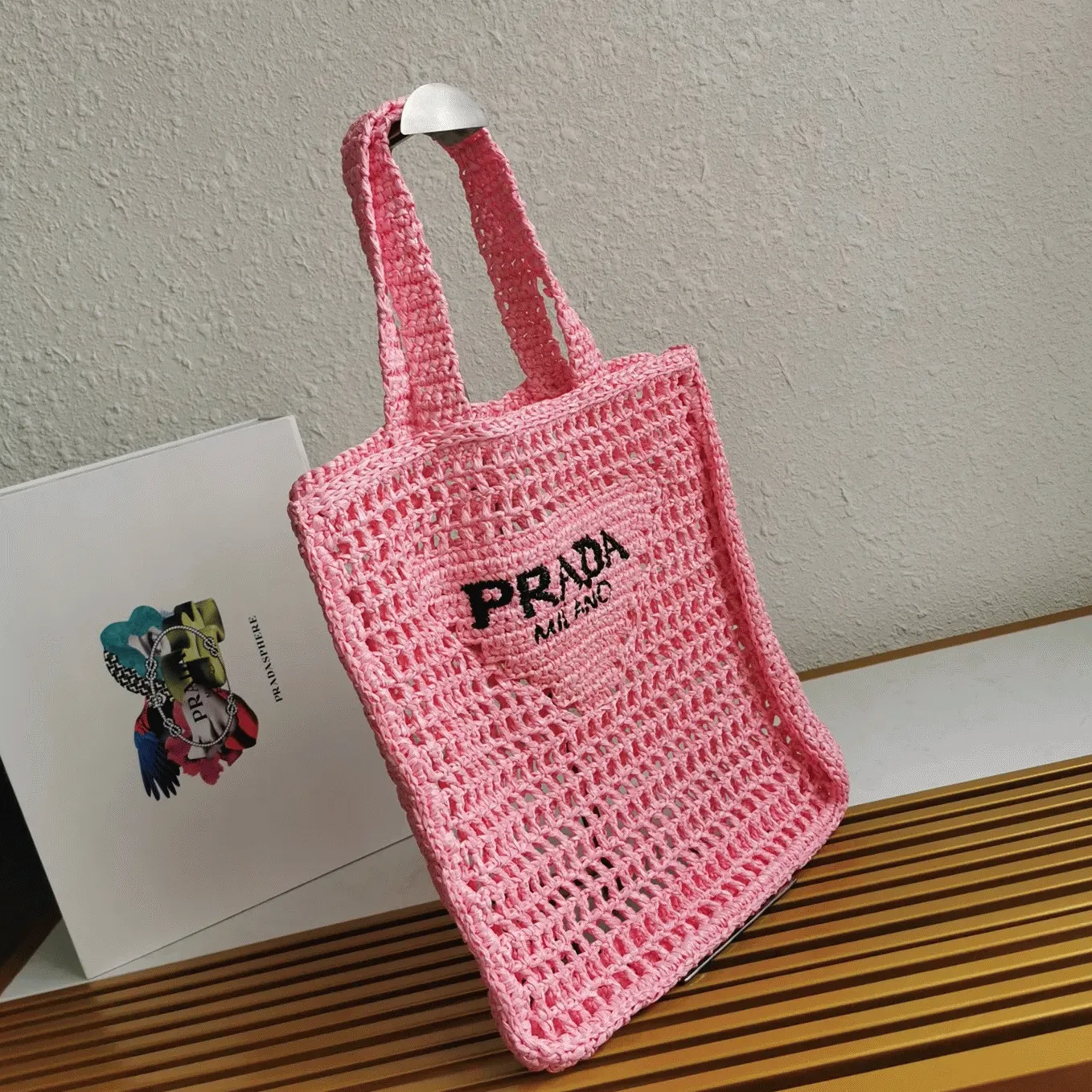 Prada Small Tote Bag Imitation in Pink Woven Raffia