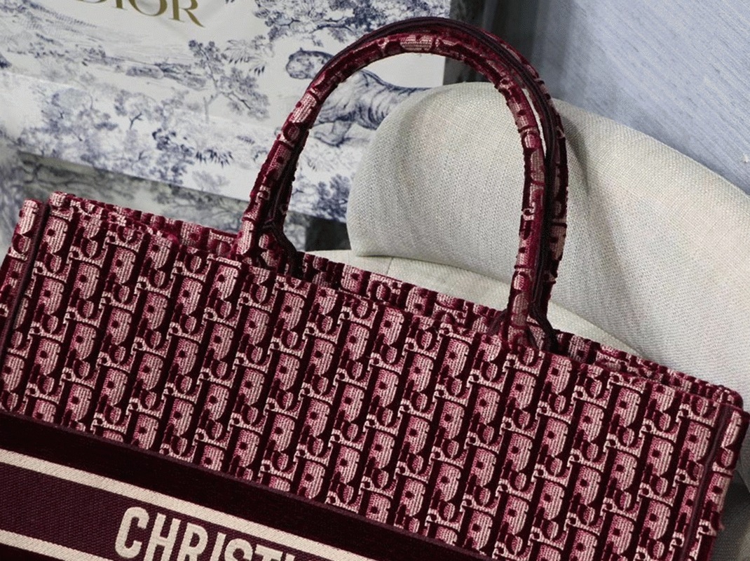 Dior Large Book Tote Bag Fake in Bordeaux Oblique Embroidered Velvet