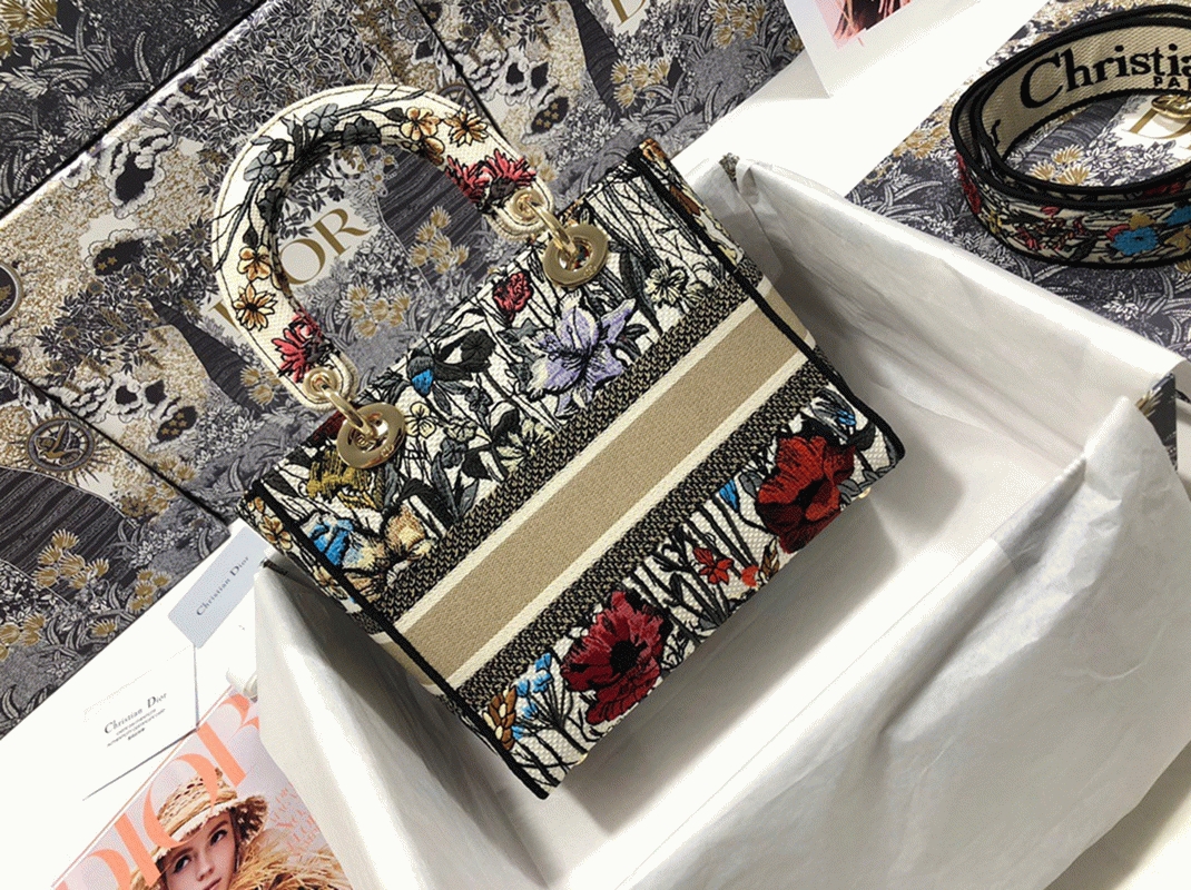 Dior Lady D-Lite Medium Bag Faux in Mille Fleurs Embroidery