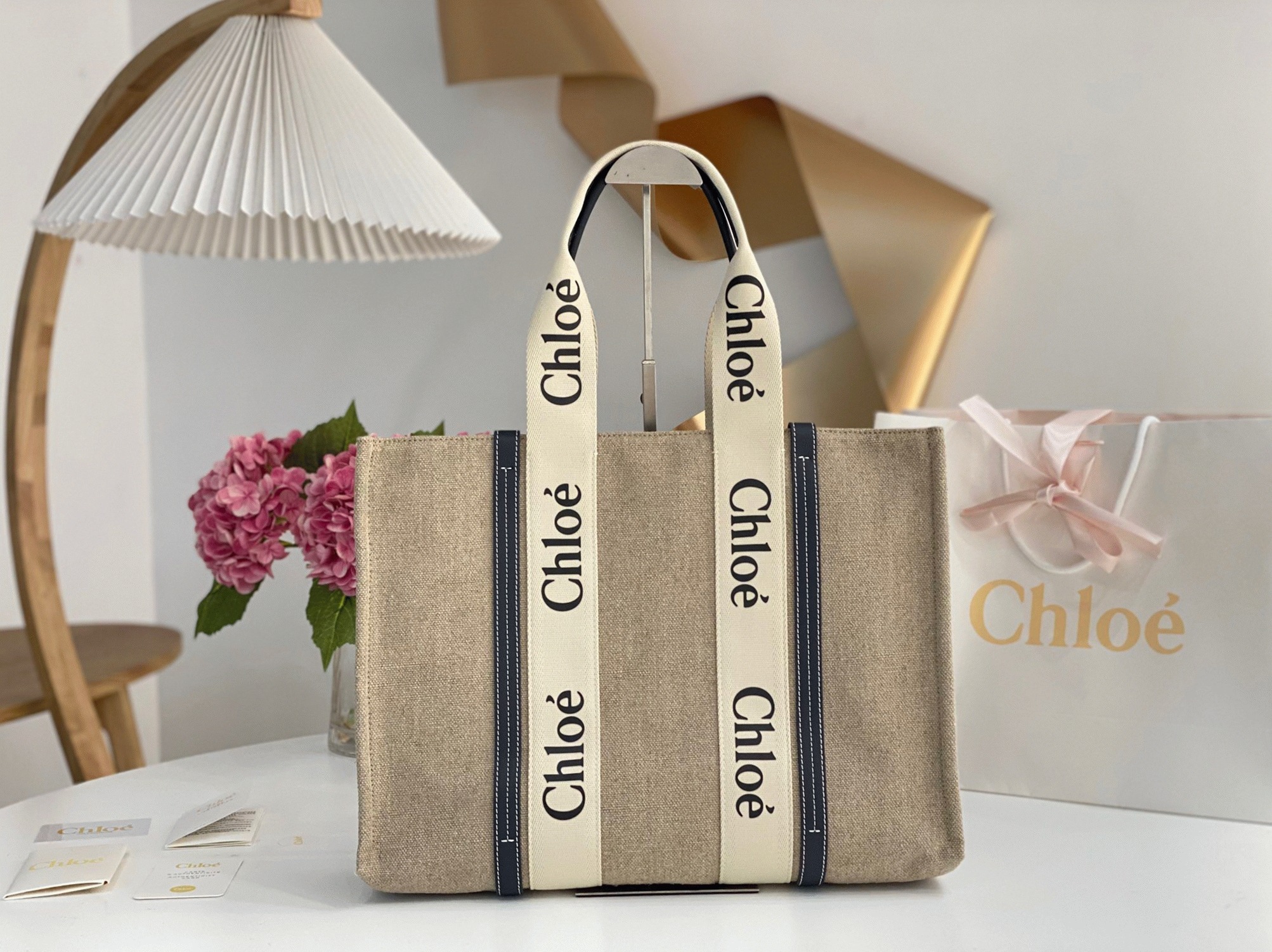 Top Quality Fake Chloe Woody Large Tote Bag in Linen Canvas with Navy Blue Leather