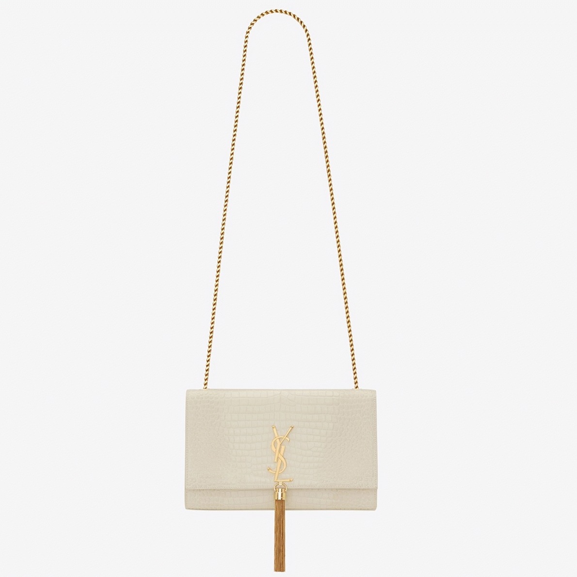 Replica Saint Laurent Kate Medium Tassel Bag White Crocodile-embossed Leather