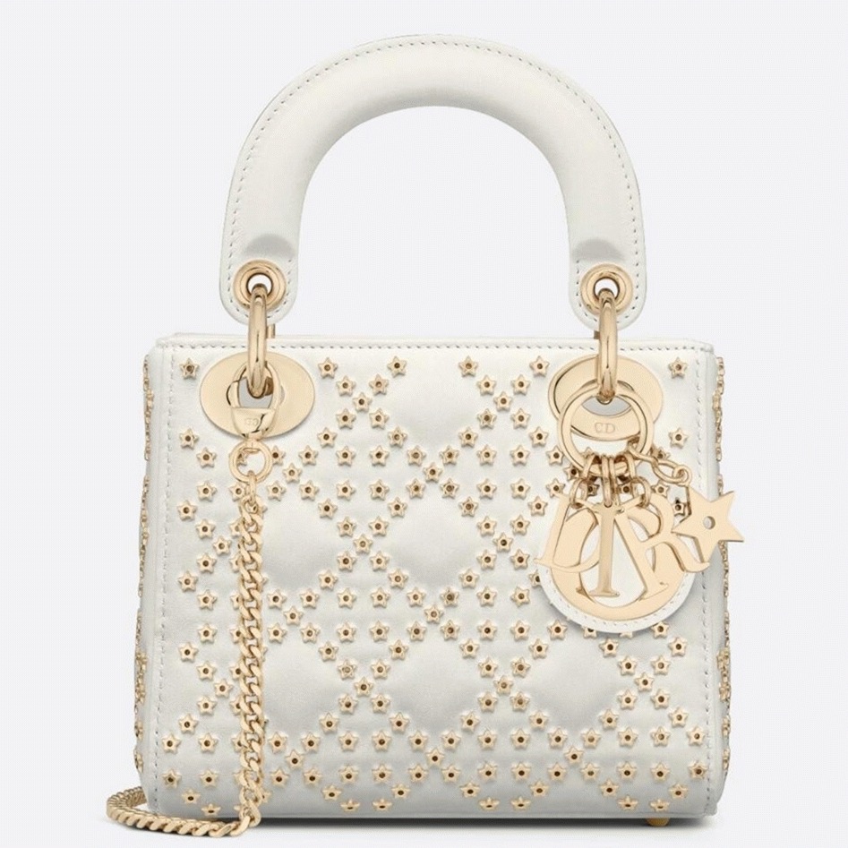 Dior Lady Dior Mini Chain Bag in White Lambskin with Star Embroidery