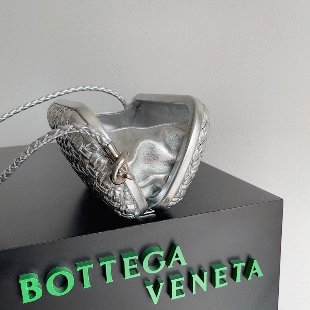 Fake Bottega Veneta Knot Minaudiere On Strap Silver Intreccio Laminated Leather