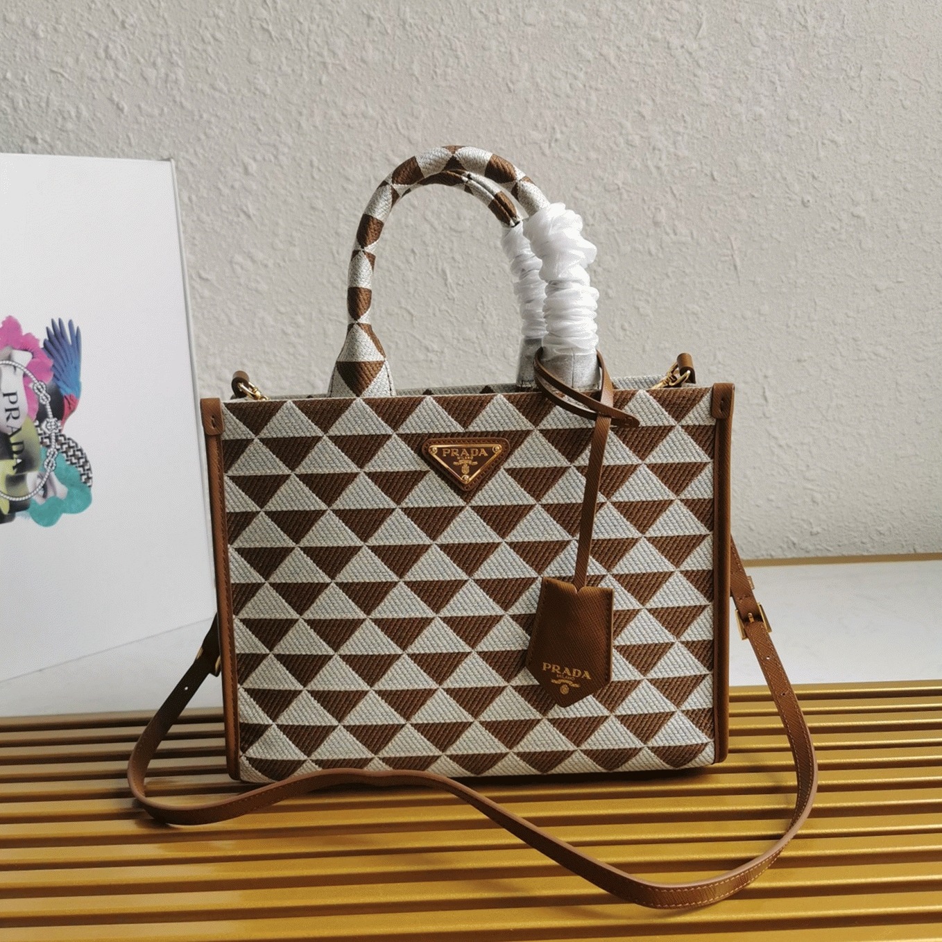 Prada Symbole Small Bag Knockoff in White/Brown Jacquard Fabric