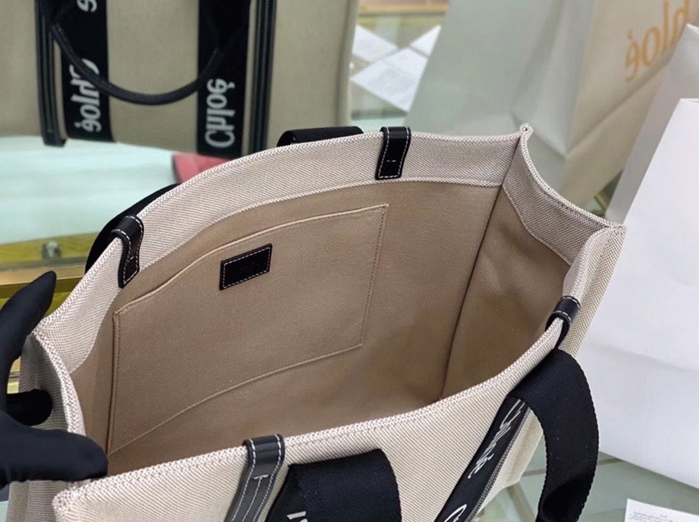 Top Quality Knockoff Chloe Medium Woody Tote Bag in Canvas with Black Leather Strips