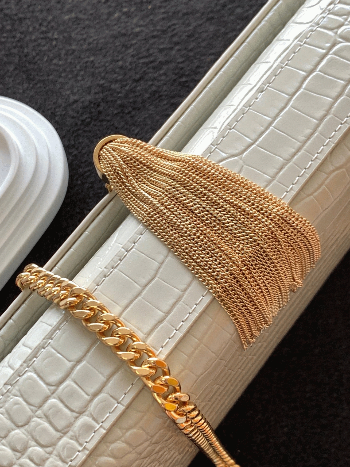 Replica Saint Laurent Kate Medium Tassel Bag White Crocodile-embossed Leather