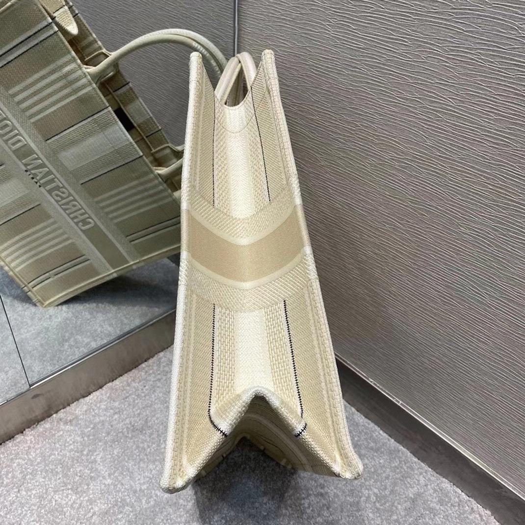 Dior Large Book Tote Bag Replica in Beige Stripes Embroidery