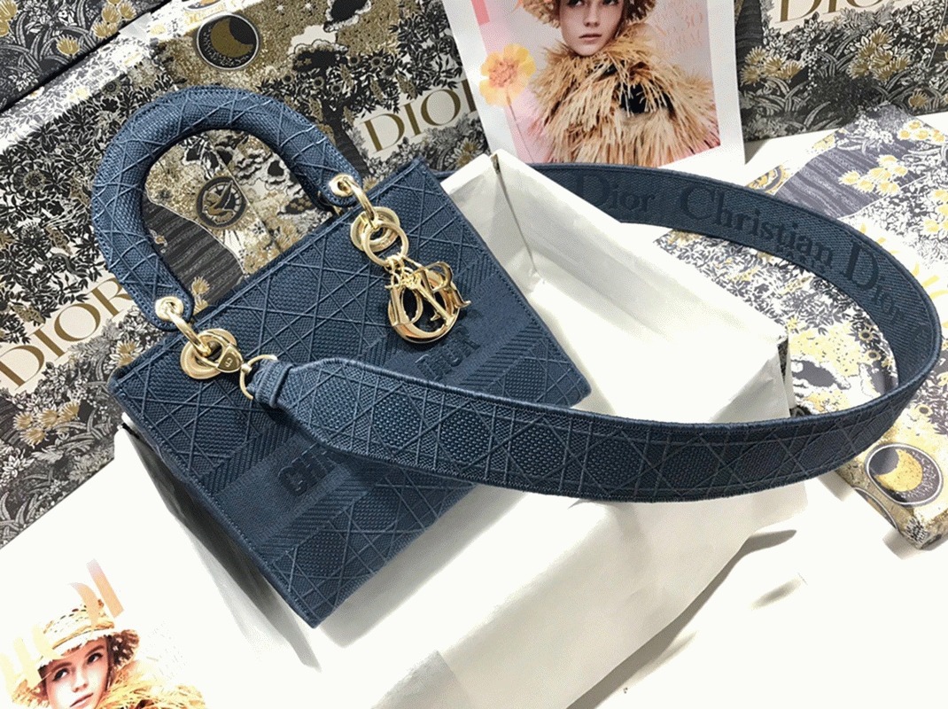 Dior Lady D-Lite Medium Bag Fake in Blue Cannage Embroidered Canvas
