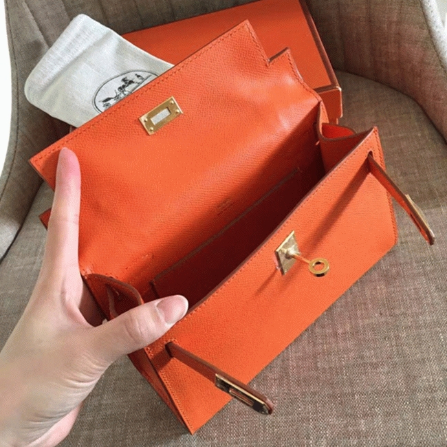 Orange Epsom Replica Hermes Kelly Pochette Bright Mini Purse