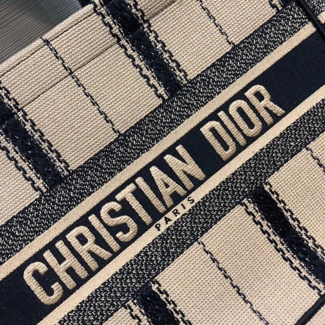 Dior Medium Book Tote Bag Fake in Black and Beige Bayadère Embroidered