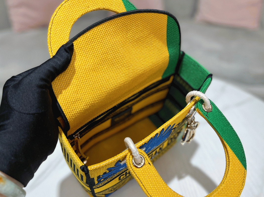 Dior Lady D-Lite Medium Bag Fake in Yellow   Green D-Flower Pop Embroidery