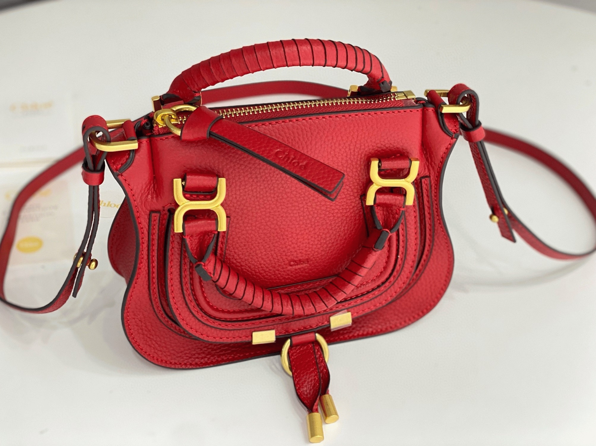 Top Quality Knockoff Chloe Marcie Mini Double Carry Bag in Red Grained Leather