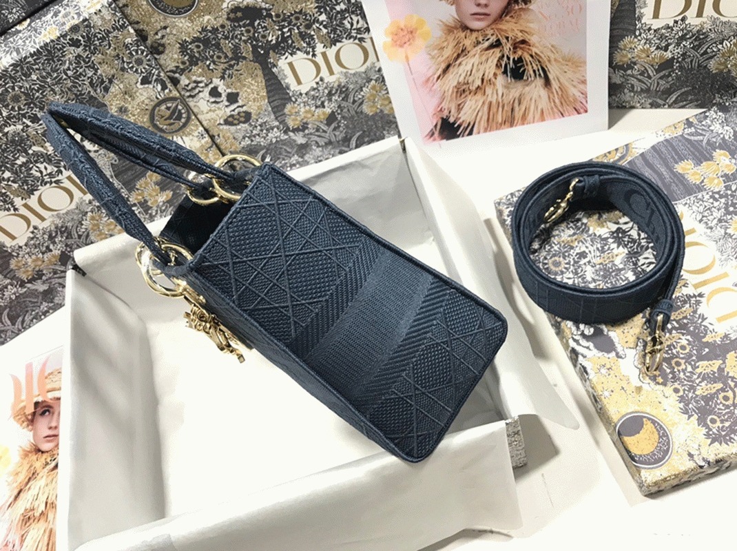 Dior Lady D-Lite Medium Bag Fake in Blue Cannage Embroidered Canvas