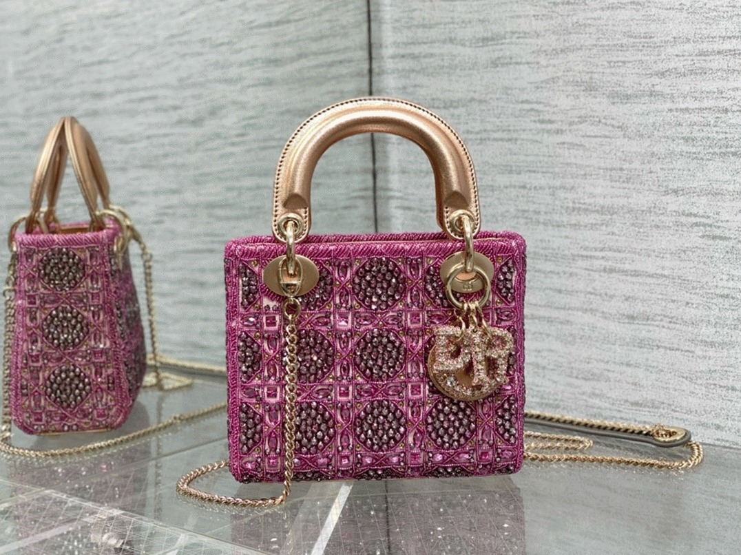 Dior Lady Dior Mini Chain Bag Fake in Satin with Pink Resin Pearl Embroidery