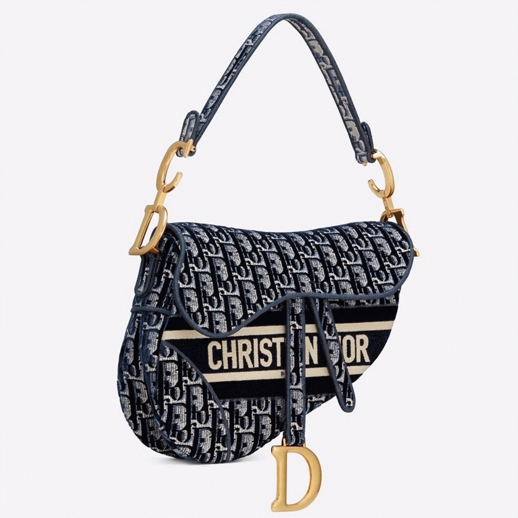 Dior Saddle Bag Knockoff in Blue Velvet Oblique Embroidered