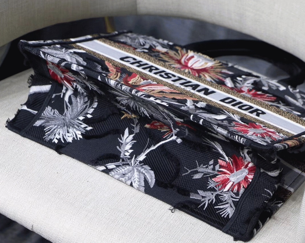 Dior Medium Book Tote Replica in Black Camouflage with Multicolored