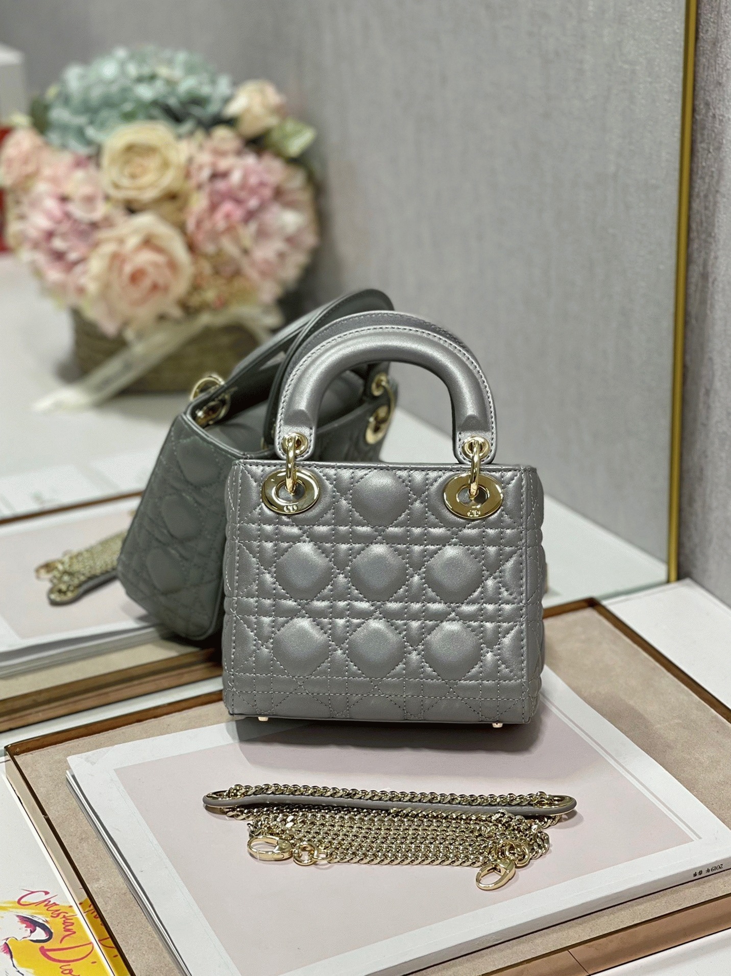 Dior Lady Dior Mini Chain Bag Replica in Grey Pearlescent Lambskin