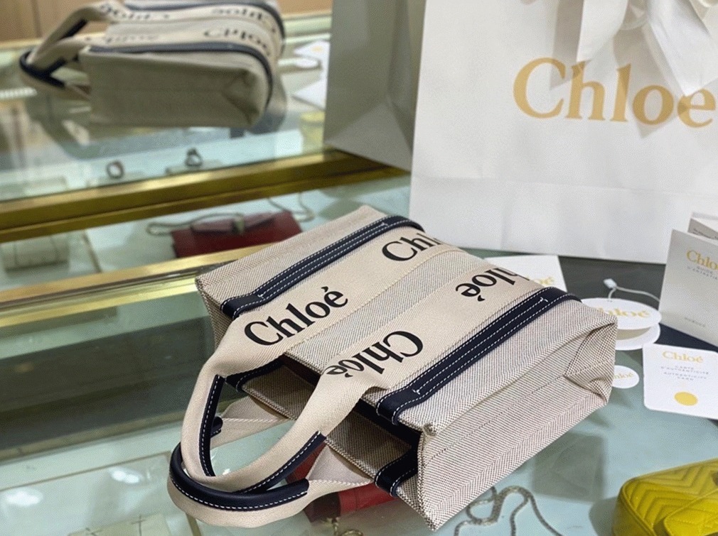 Top Quality Fake Chloe Small Woody Tote Bag in Canvas with Blue Leather Strips
