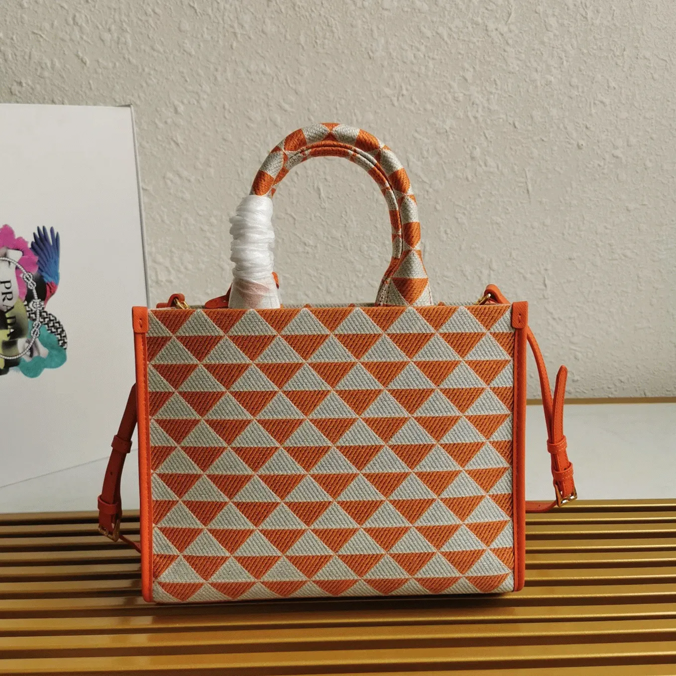 Prada Symbole Small Bag Fake in Orange/White Jacquard Fabric