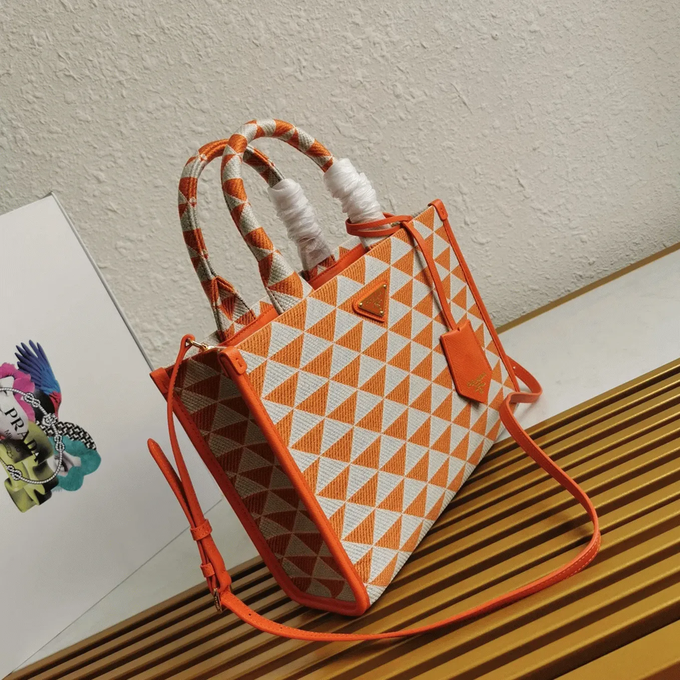Prada Symbole Small Bag Fake in Orange/White Jacquard Fabric