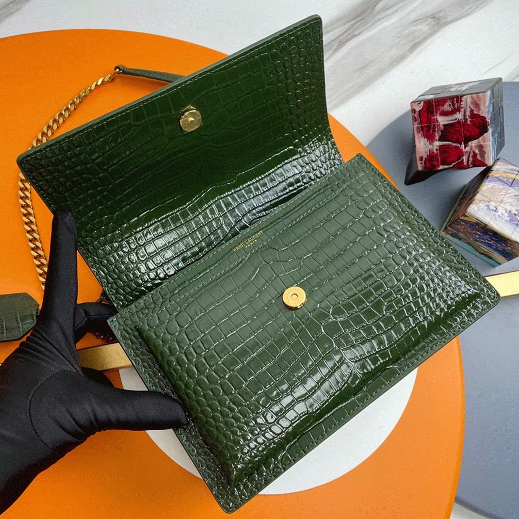 Fake Saint Laurent Sunset Medium Chain Bag Green Crocodile-embossed Leather